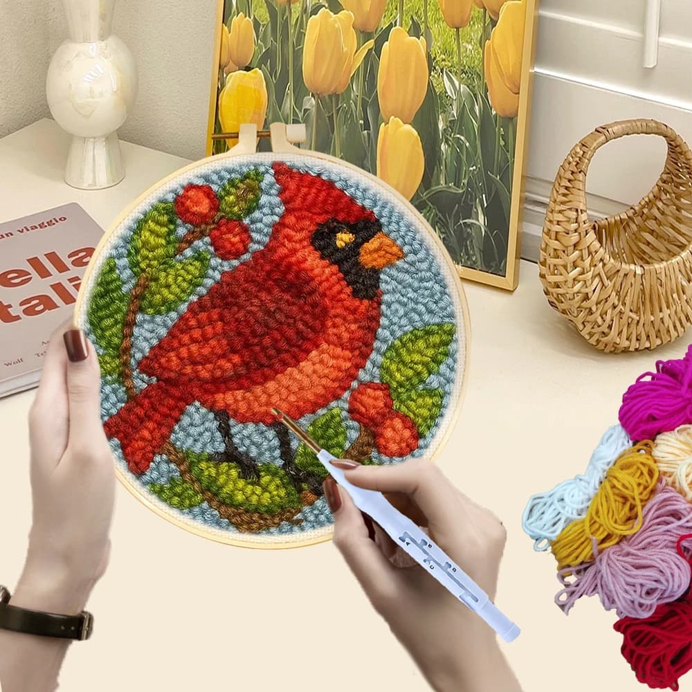 CHENISTORY Red Bird Diy Needle Punch Kit Crafts Artwork Animal 20x20cmDiy Punch Needle Kit Wall Decor Crafts Diy Kits