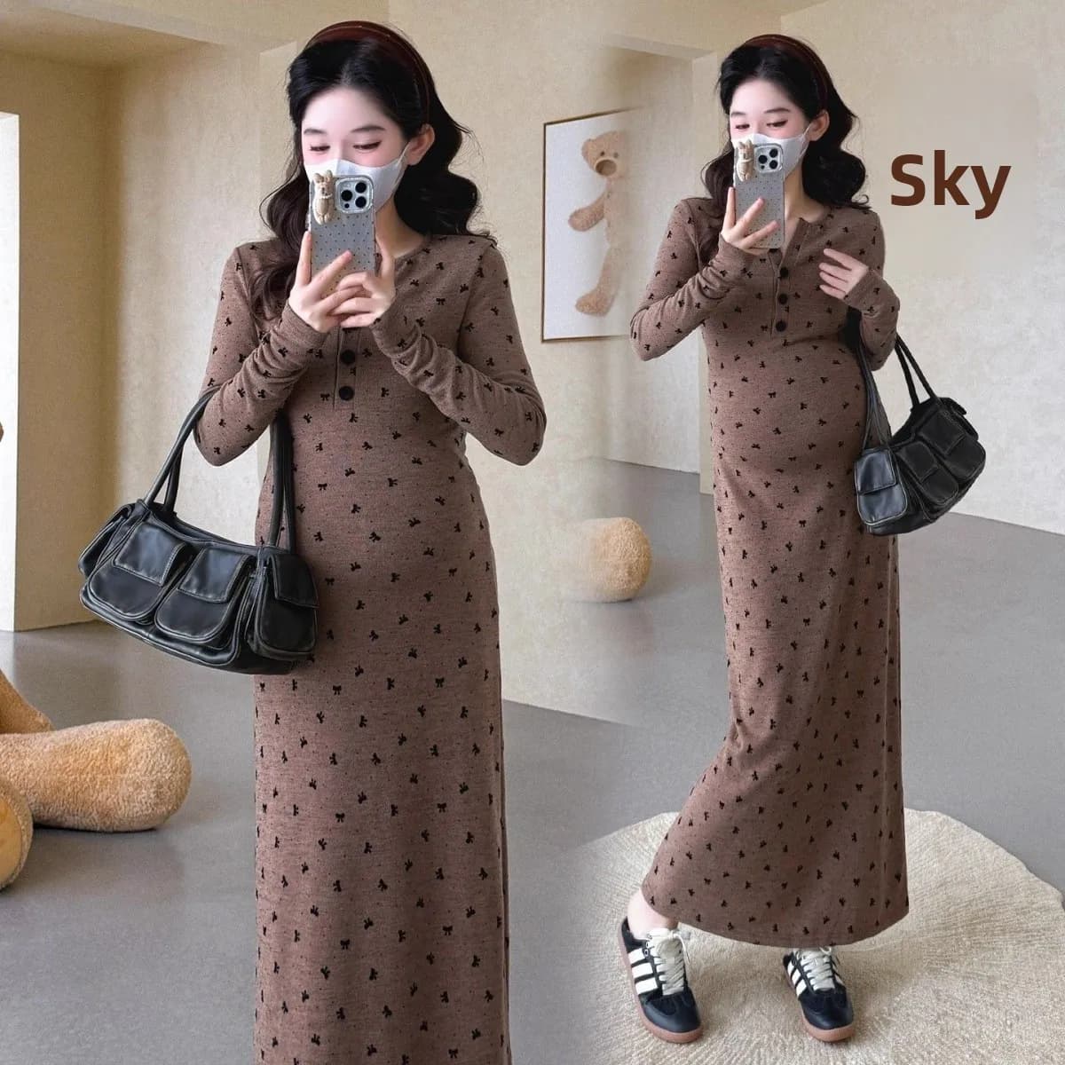 Maternity Knitted Dress High Waist A-Line Silhouette Long Sleeve Comfortable Maternity Wear Trendy Mommy Winter Collection