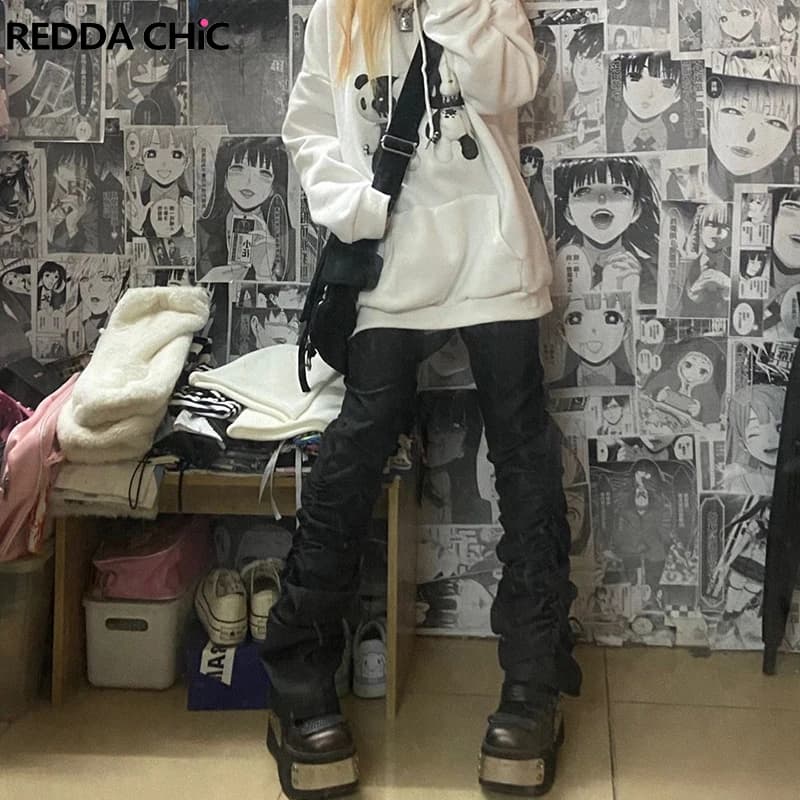 REDDACHiC Goth Lolita pantaloni neri Casual Flare Stacked Jeans donna pantaloni elastici a vita alta 2000s Y2K Grunge Emo Streetwear