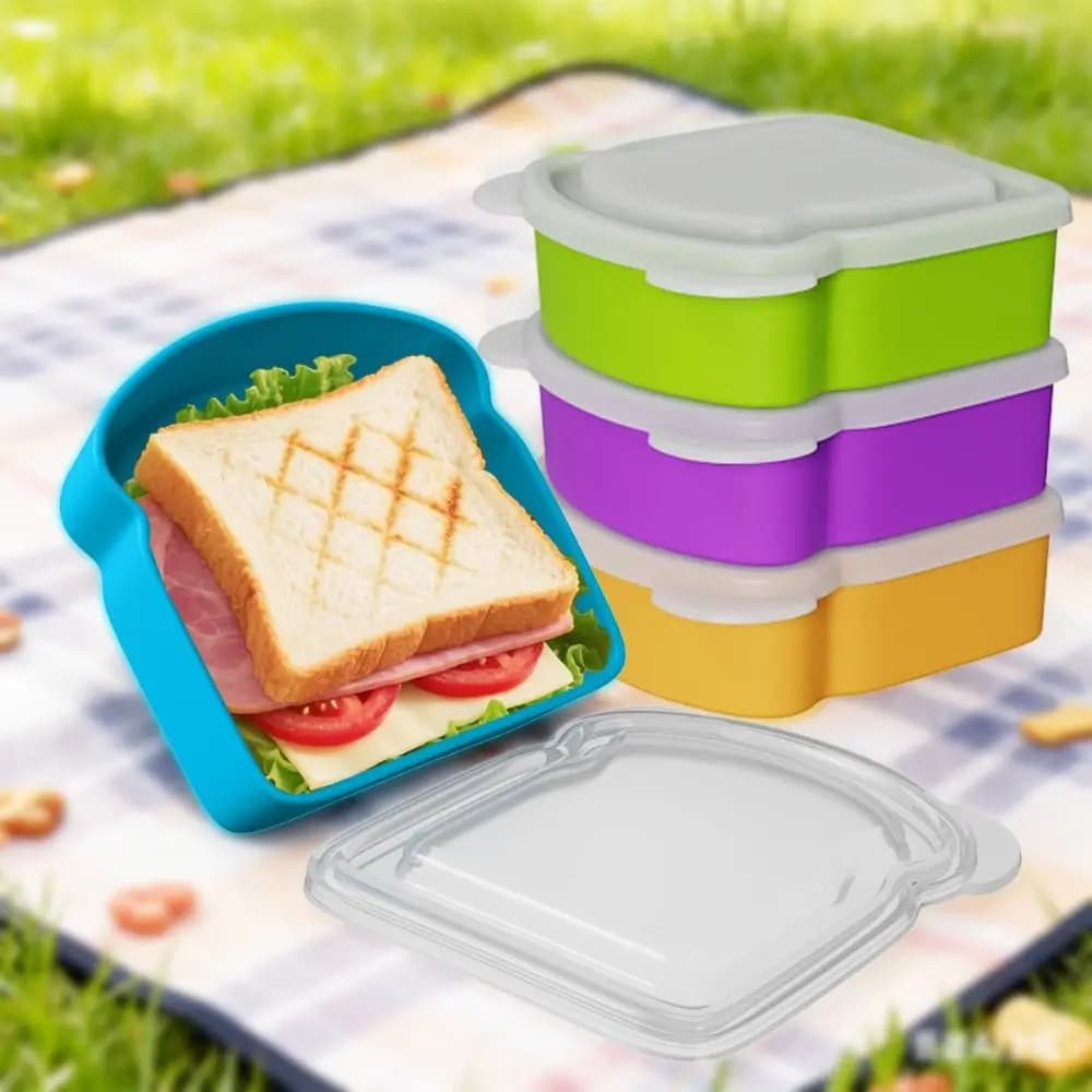 Contenitore per sandwich in silicone con coperchio, a forma di toast, ermetico, portatile, impilabile, salvaspazio, per picnic