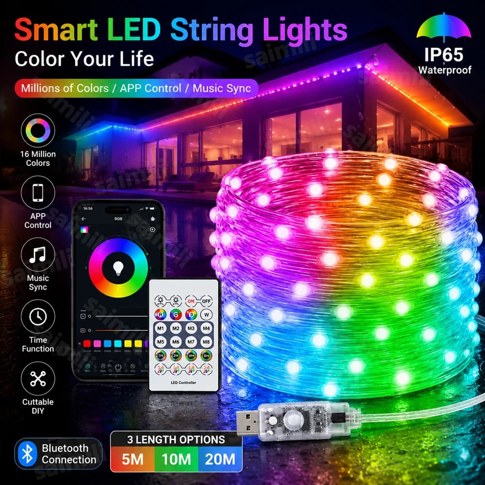 WS2812B RGBIC Fairy String Light USB Bluetooth Smart Contro Music Sync DIY Atmosphere Light For Home Holiday Party Decorative