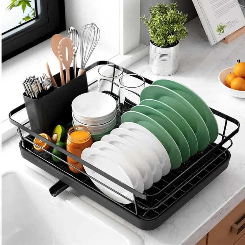 Scolapiatti monostrato - Organizer per lavello per piatti/cuci e utensili, stendibiancheria da cucina compatta con scarico per lavandino