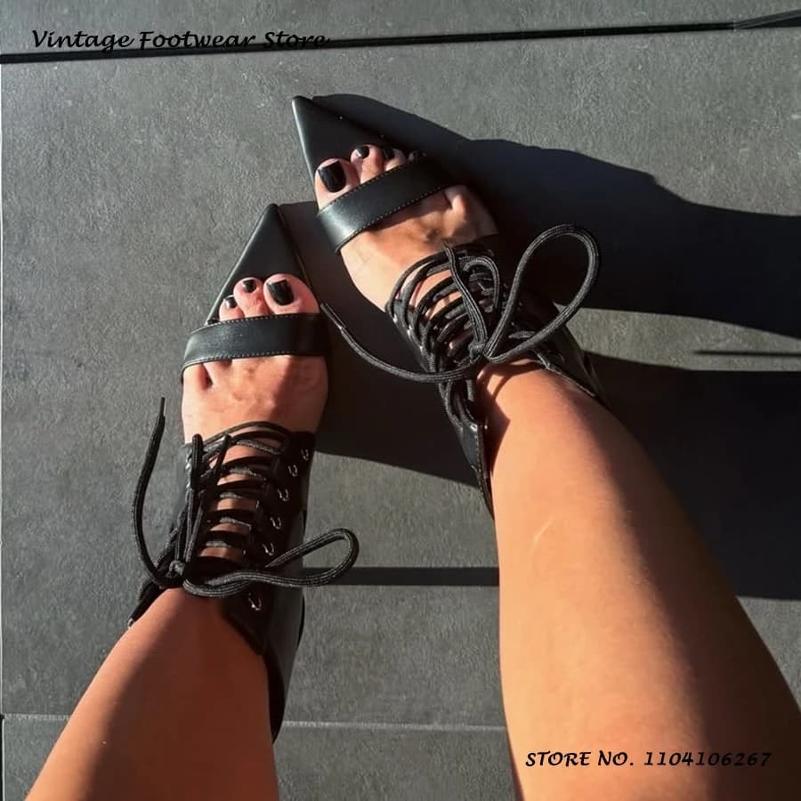 Sandali Neri con Lacci Incrociati, Sexy, a Punta Aperta, con Tacco Sottile, Scarpe Taglie Forti da Donna, Moda Primavera Estate, Stiletto con Lacci