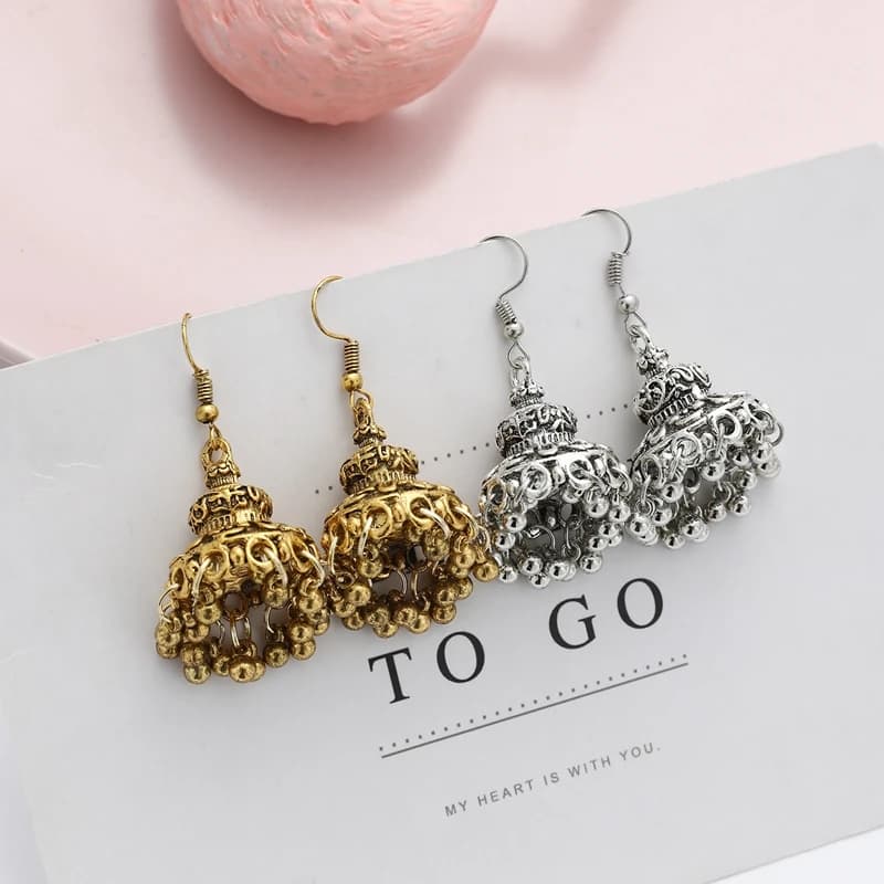 Tibetan Jewelry Women's Gold Silver Color Bell Oxidized Jhumka Earrings Gypsy Tribe Tassel Alloy Drop Earring Indian Jewelry