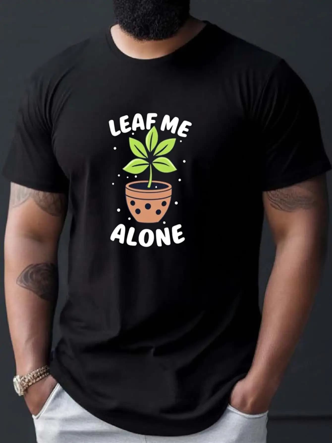 Funny Men's Black Graphic T-Shirt Leaf Me Alone Potted Plant Green Leaves Cute Typography Slogan Print 100% Cotton Heavyweight Short Sleeve Casual Streetwear Tee