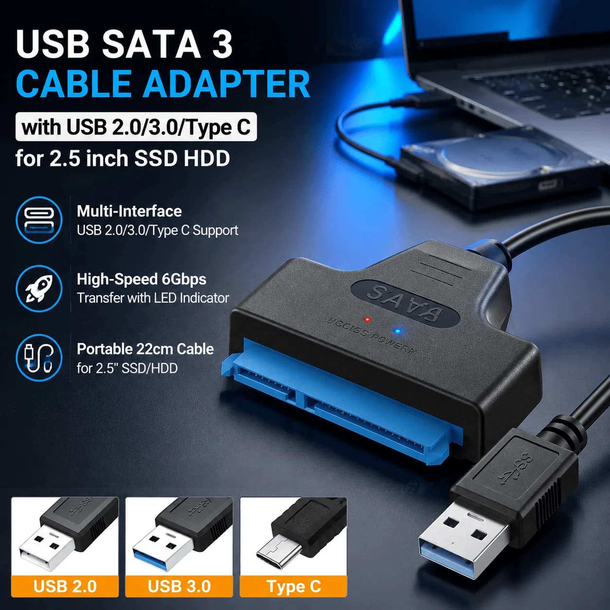 SATA To USB Cable USB 3.0 Adapter STONEGO Type C For 2.5 Inch HDD SSD Hard Drive Converter SATA III 6Gbps External SSD & Adapter