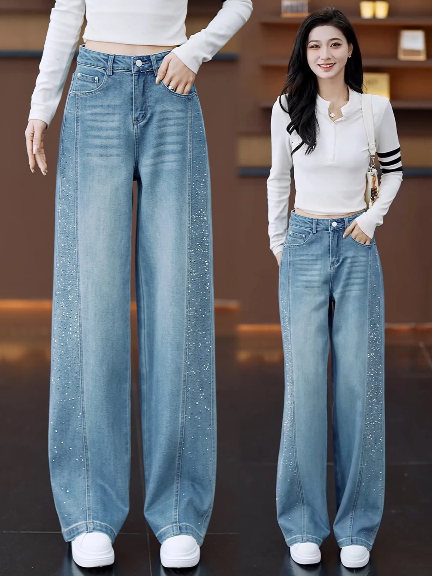 Jeans a Vita Alta e Gamba Larga per Donna, Nuova Collezione Primavera-Autunno, Pantaloni in Denim con Glitter