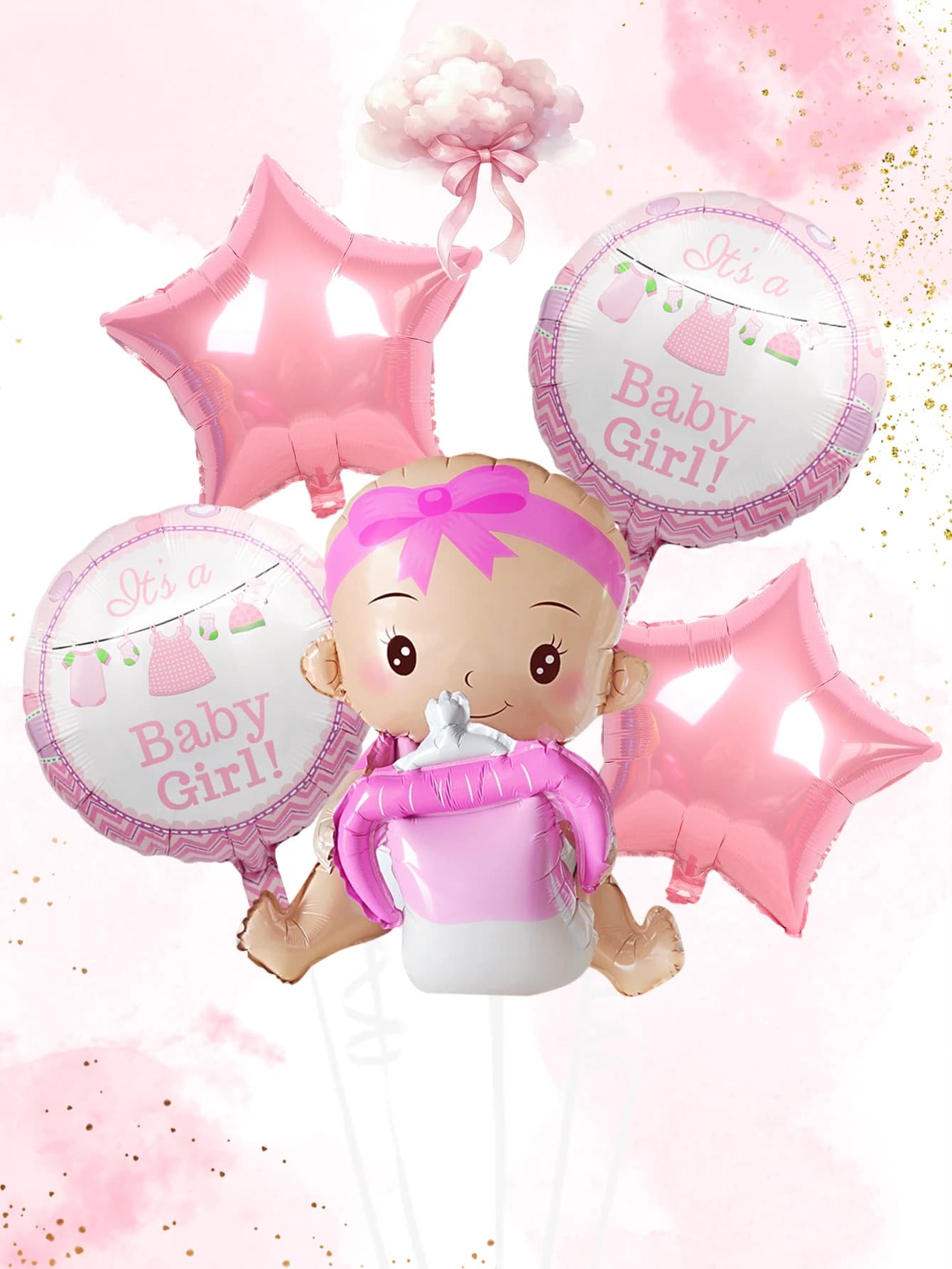 5 palloncini per bambole da ragazza 4D con supporto sit-stand, inclusi bottiglia rosa da 20 pollici e design ciuccio, stella rosa a cinque punte