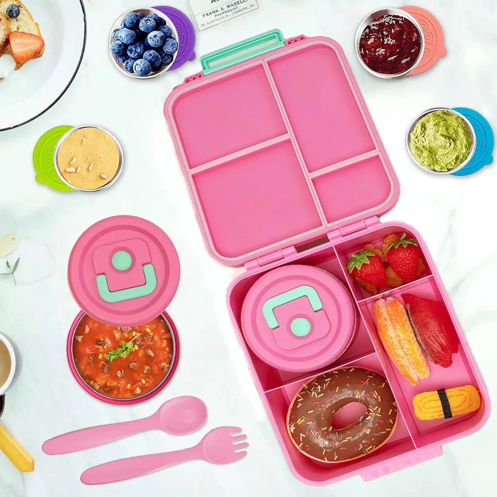 Kids Bento Lunch Box with 4 Compartments, 1 Insulated Stainless Steel Food Containers, Spoon & Fork, Leakproof Toddler Meal Prep Container for School Travel