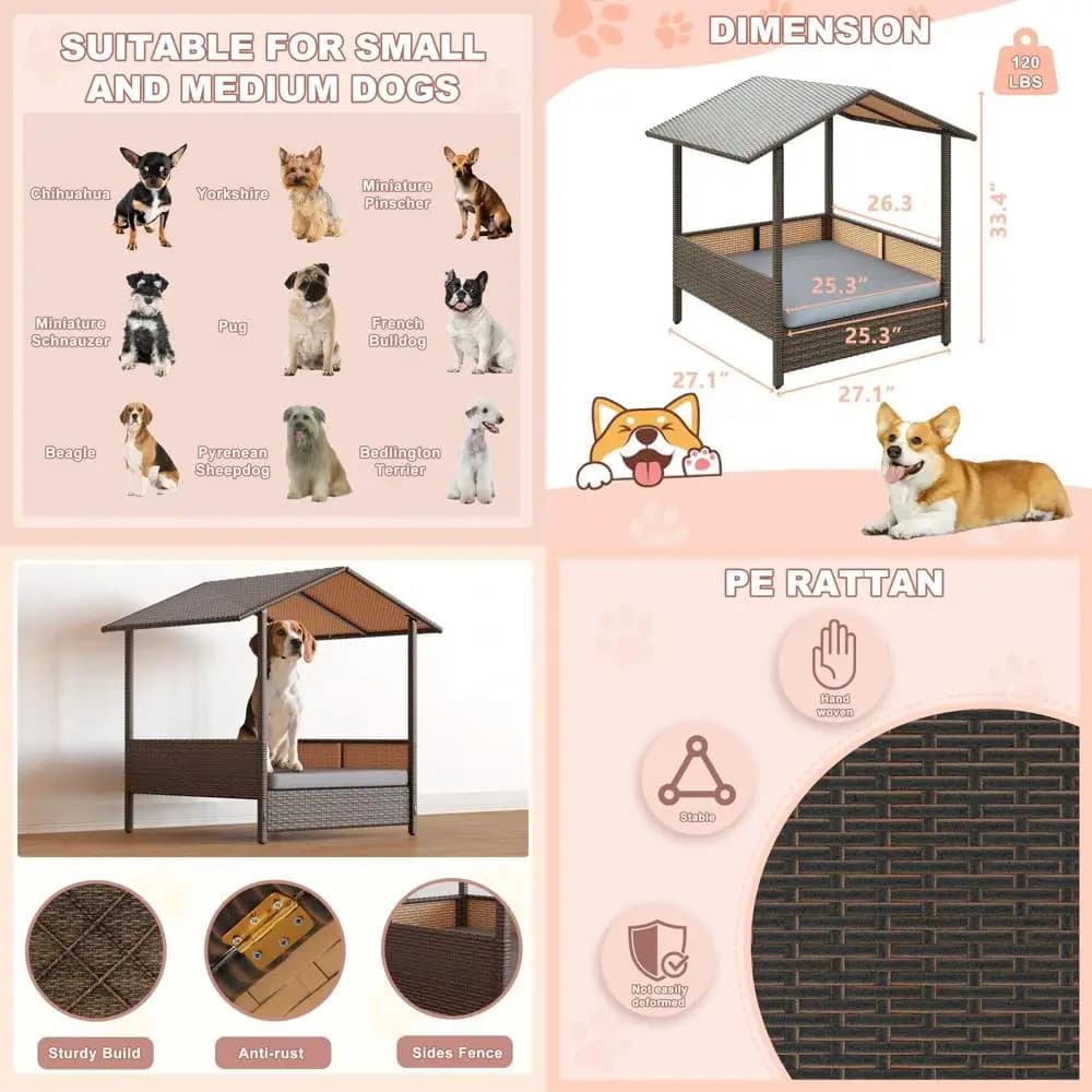 Cuccia per Cani in Rattan Resistente alle Intemperie per Cani Piccoli/Medi con Cuscino Rimovibile e Lavabile - Ideale per Patio, Terrazza, Giardino o Bordo Piscina