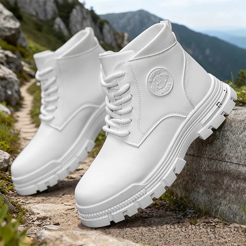 Men Solid White Leather Combat Boots, Chunky Lug Non Slip Lace Up Ankle Boots For Hiking Street Daily Camping Outfits