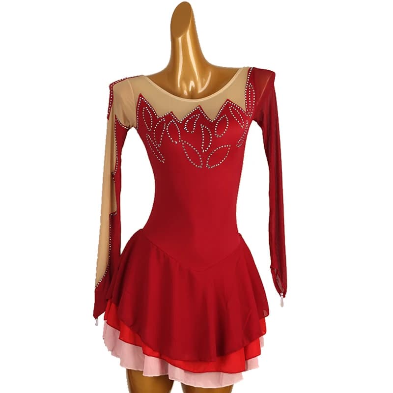 Vestito da pattinaggio di figura Vestito da pattinaggio su ghiaccio per ragazza da donna Costume da ginnastica personalizzato con strass di cristallo rosso B197