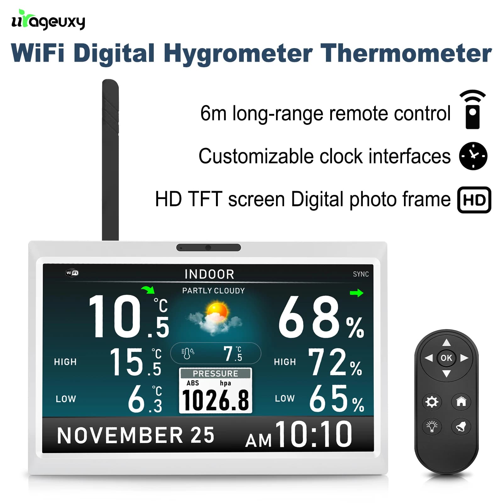 Stazione meteorologica WiFi da 10,1 pollici con telecomando, cornice digitale HD TFT, termometro e igrometro per interni (senza dati esterni)
