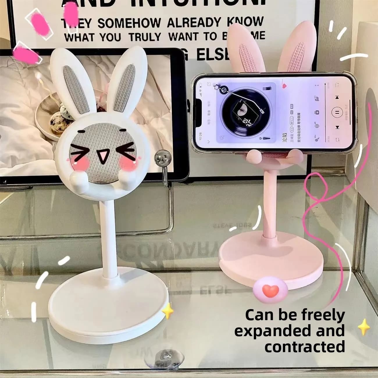 Adorabile supporto per telefono a forma di coniglietto: supporto telescopico regolabile in altezza per tablet e smartphone, supporto universale per studenti