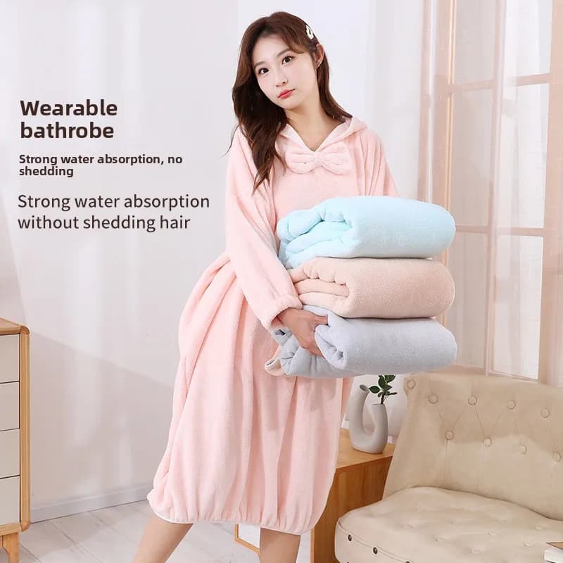 Autumn Winter Thickened Soft Women's Bathrobe with Hat Absorbent Quick Dryable Sleepwear Home Textile Bath Gown Robe