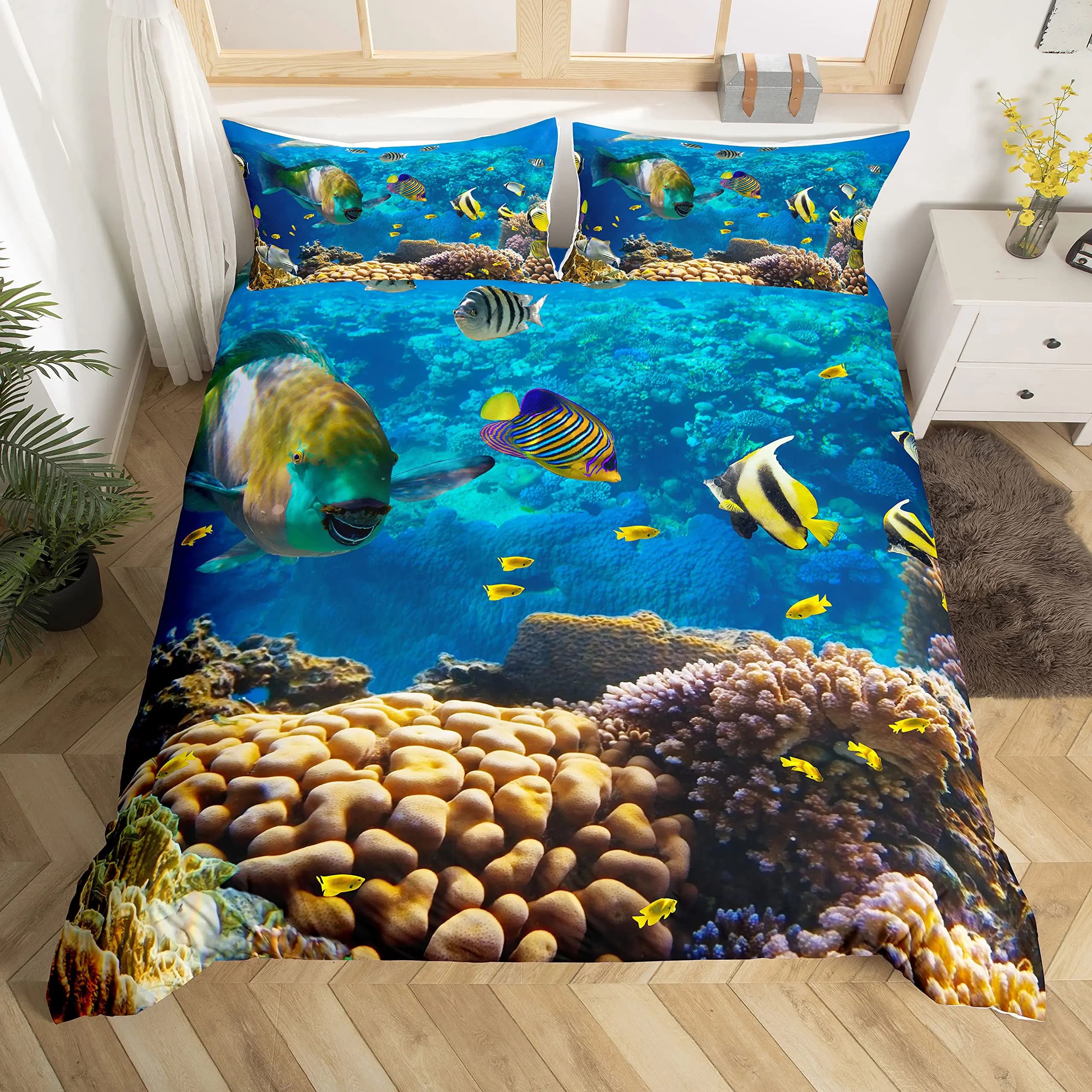 Set fish duvet Set ocean bed linen Set 3D printed underwater world set with shark Dolphin Coral Reef model set 2/3 pieces