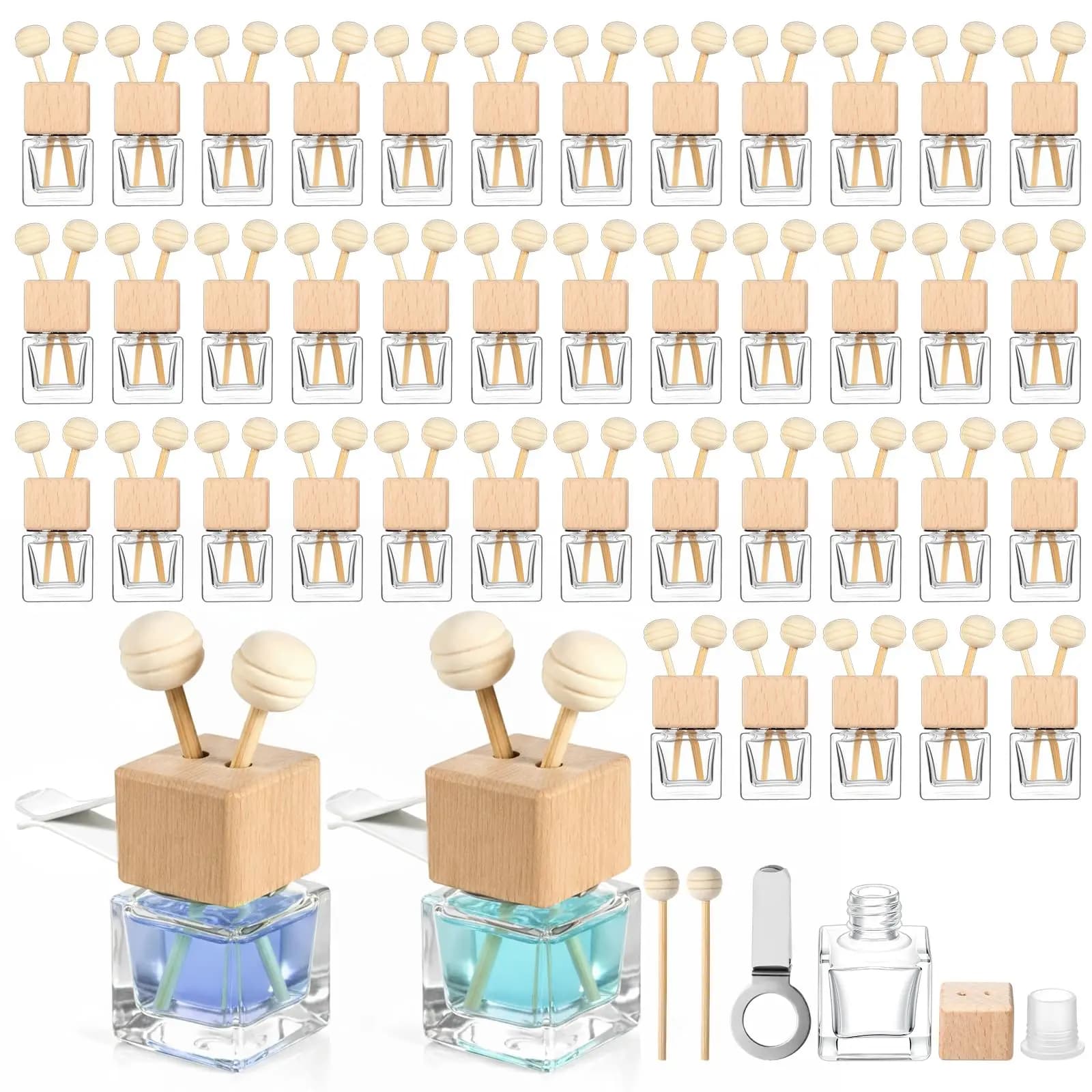 50 Sets Car Vent Air Freshener Diffusers With Clear Glass Bottles, Wooden Caps And Reeds For Essential Oils And Perfume