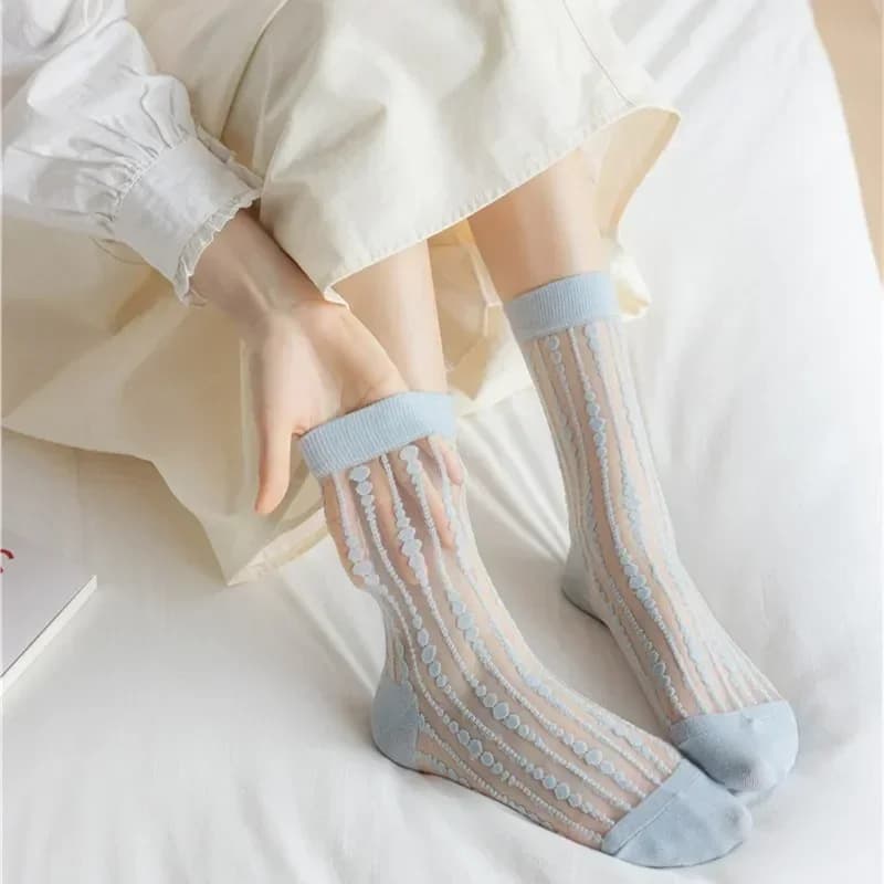 Calzini alla Moda a Righe Kawaii Carini Estivi Ultra-Sottili Trasparenti in Seta Cristallo Donna Harajuku Vintage Streetwear