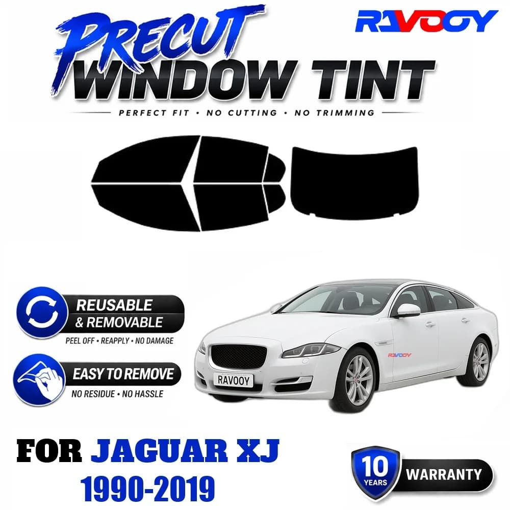 RAVOOY Precut Window Tint, Reusable Removable EPU Film, Custom Fit for Jaguar XJ 1990-2019, UV Heat Protection