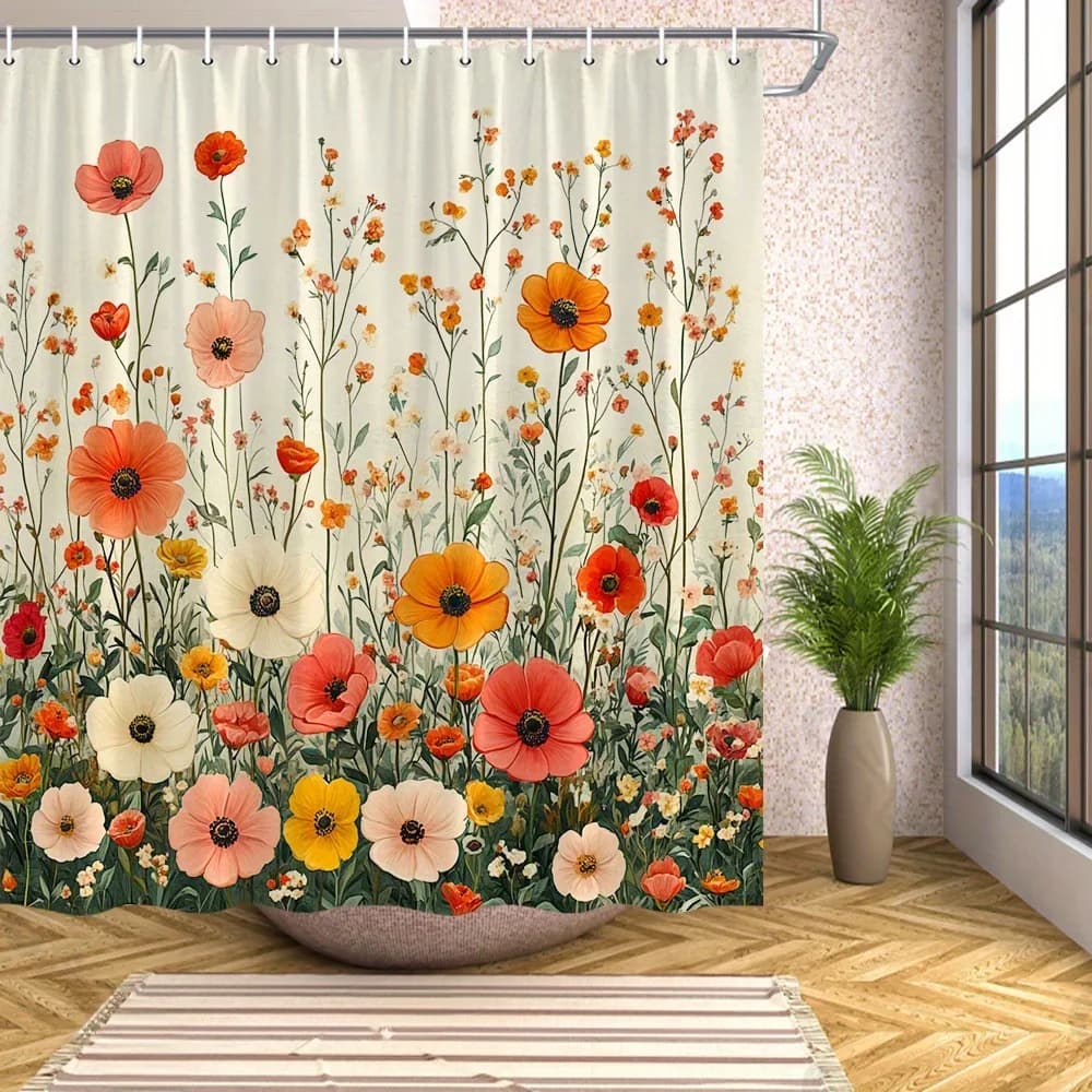 ~O~1 pezzo di tenda da doccia con campo di fiori lussureggiante: papaveri rossi e peonie, sfondo beige morbido, poliestere, 70x70", 12 ganci