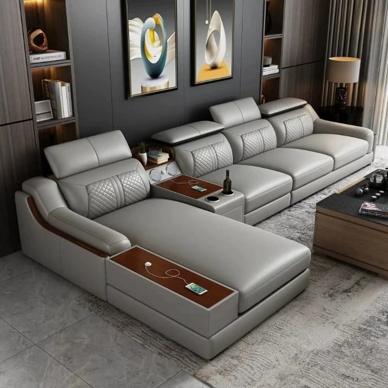 for Living Room with Cup Holder, USB, Adjustable Headrests & Bluetooth Speaker - Lazy Sofa Stylish Italian Genuine Leather Sofa