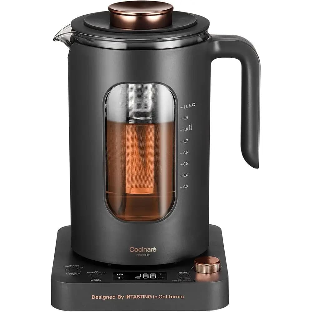 Bollitore elettrico in vetro con infusore per tè, controllo preciso della temperatura, riscaldamento rapido da 1200 W, senza BPA, facile da pulire, capacità 1 litro (grigio)