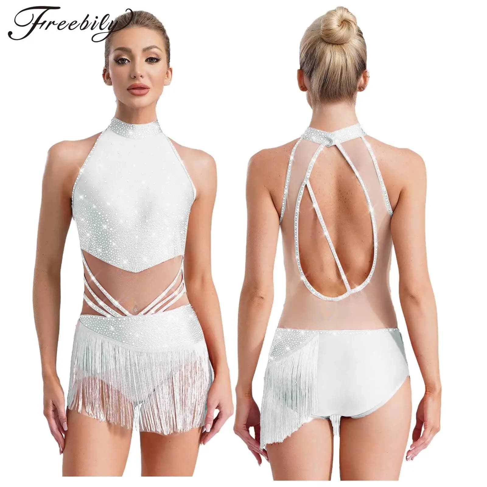 Body da pattinaggio di figura da donna Vestito da ballo latino jazz Cha-cha Costume da ginnastica Senza maniche Strass Maglia Nappe Body