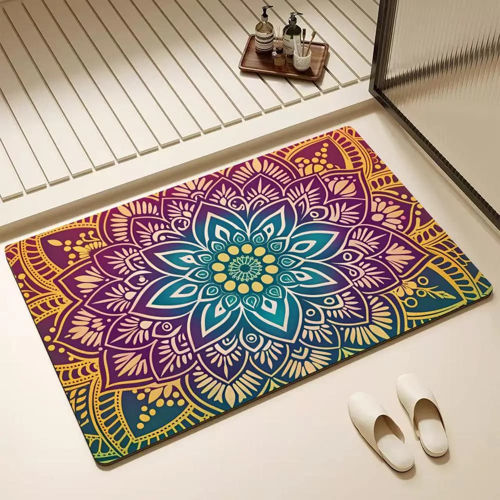 Tappetino da bagno colorato in diatomite con mandala boho – Altamente assorbente, antiscivolo, ad asciugatura rapida