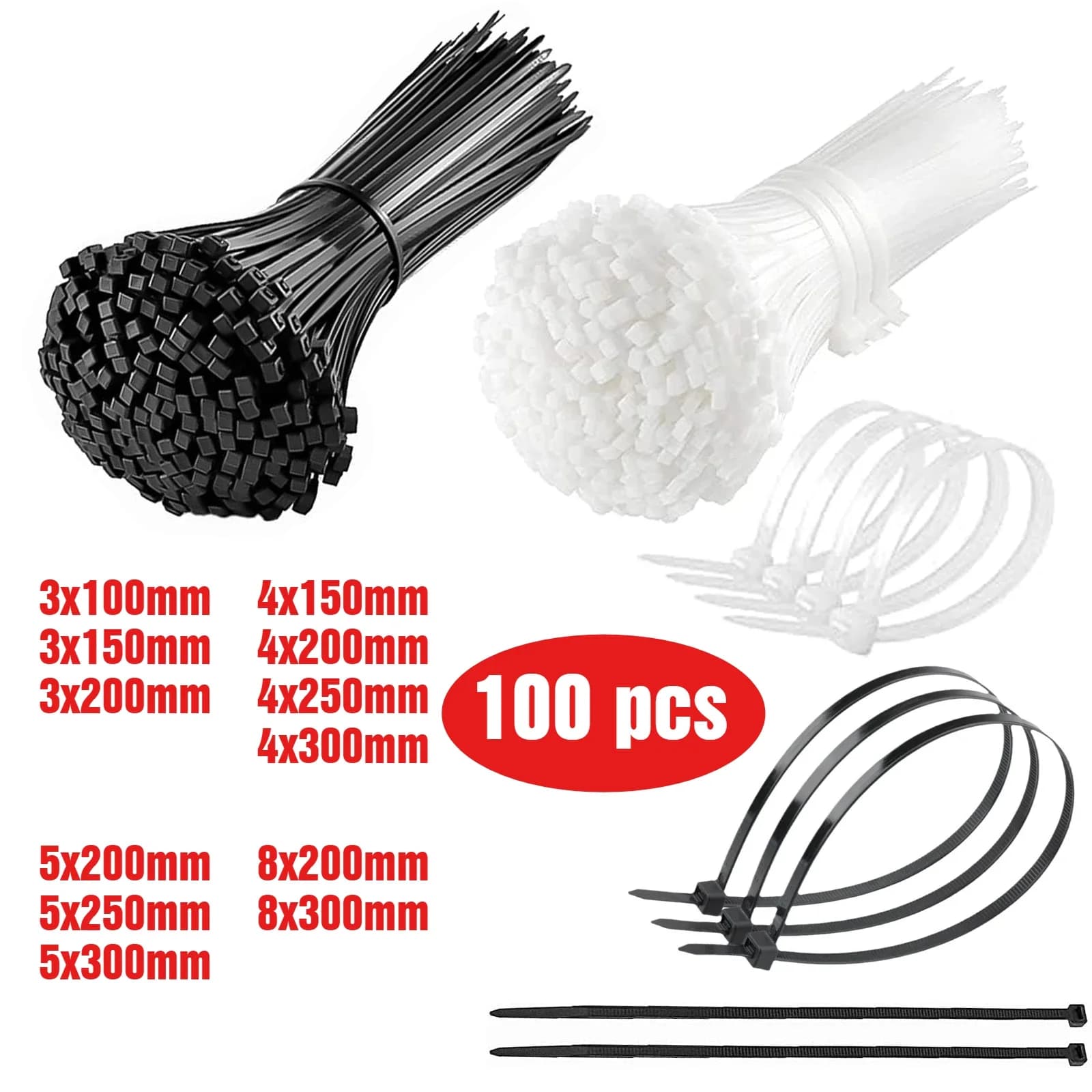 100PCS Self-locking White Black Plastic Nylon Cable Zip Ties Fastening Ring Nylon Clamp Strap with Lock 3*100 4*300MM