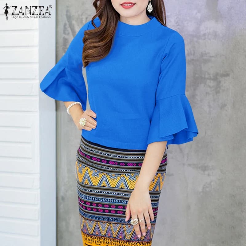 ZANZEA Camicette Eleganti da Donna a Tinta Unita con Collo Alto e Maniche a Campana 3/4, Top Corti Primavera Estate 2026, Blusas de Mujer Chic 3XL