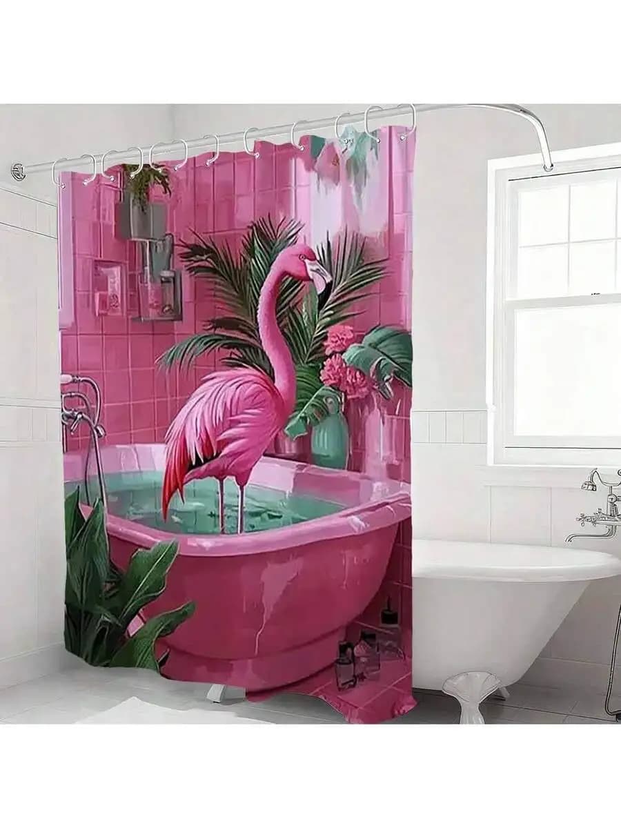 1Pc, 71x71in (180x180cm), Pink Flamingo In Bathtub Funny Bathroom Shower Curtains - Playful Botanical Shower Curtain For