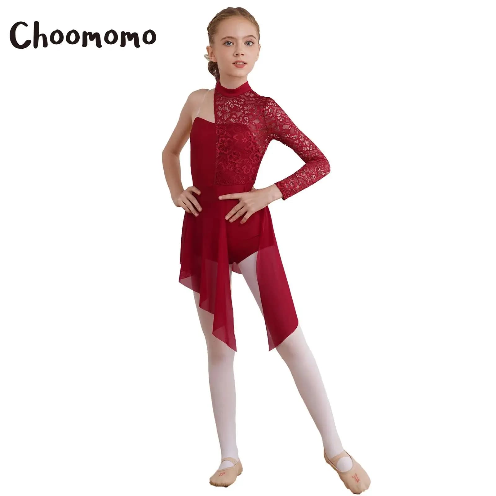 Vestito da ballo lirico per bambine, monospalla, in pizzo floreale, body da ginnastica, tuta per pattinaggio artistico contemporaneo
