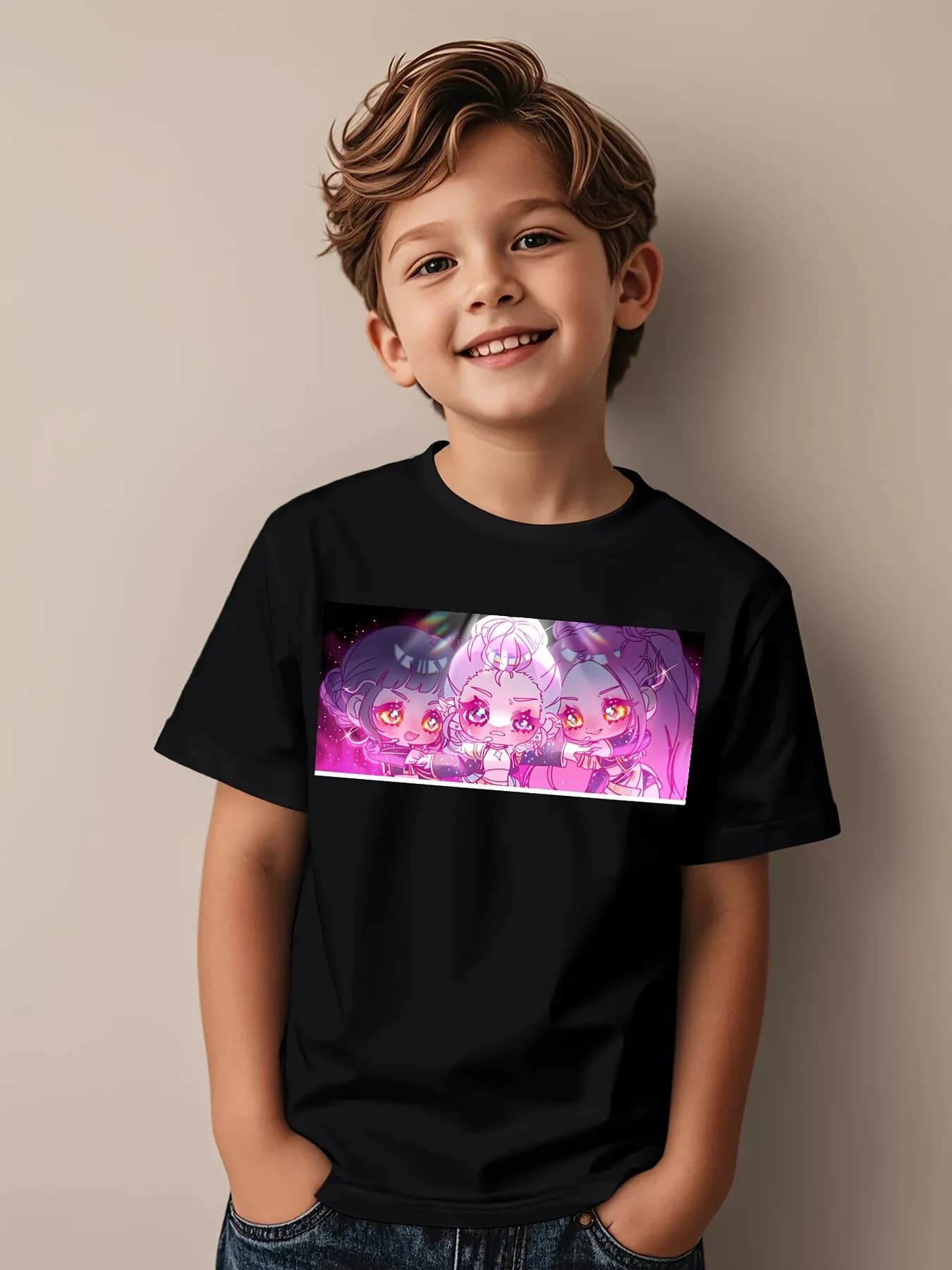 T-shirt con personaggi del gruppo K-Pop per ragazzi e ragazze, simpatiche magliette chibi con logo K-Pop, maniche corte, girocollo, abbigliamento casual.