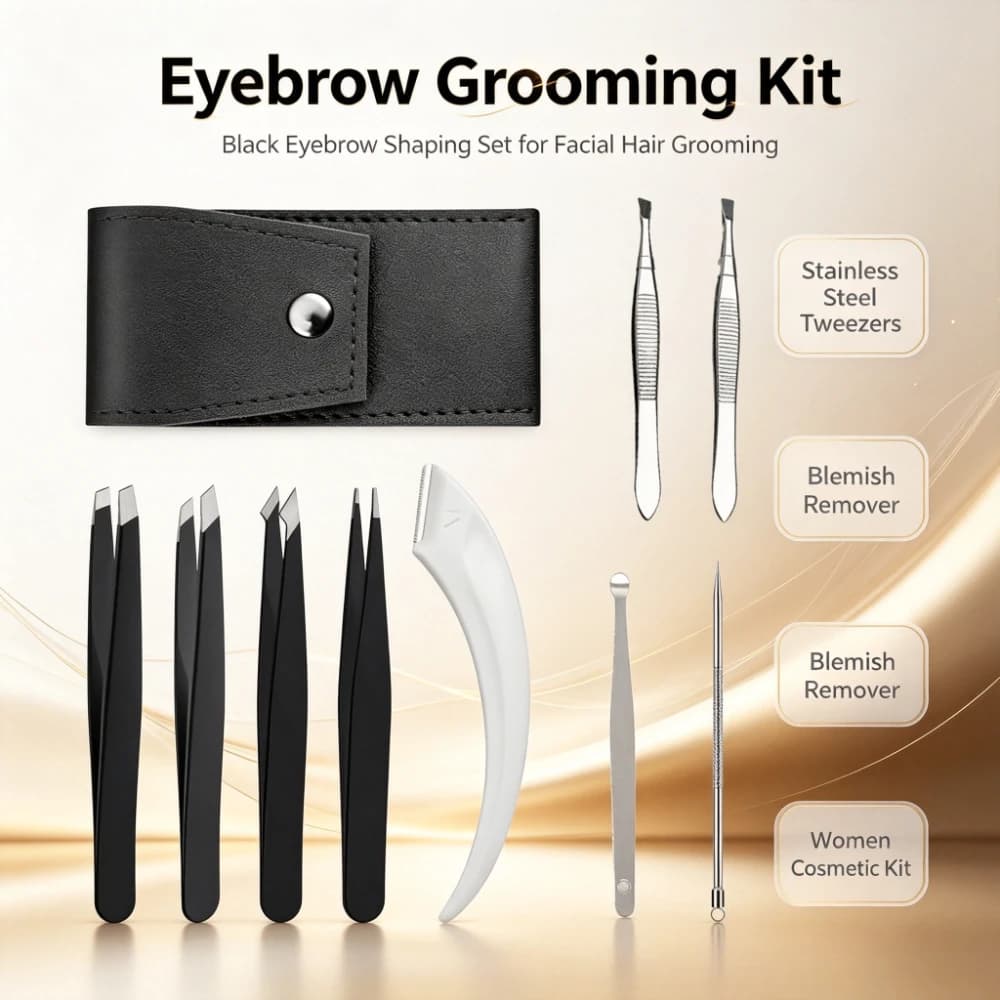 10Pcs Black Eyebrow Shaping Tool Set,Stainless Steel Multi‑Type Tweezers,Curved Eyebrow Razor,Blackhead & Blemish Remover Tools