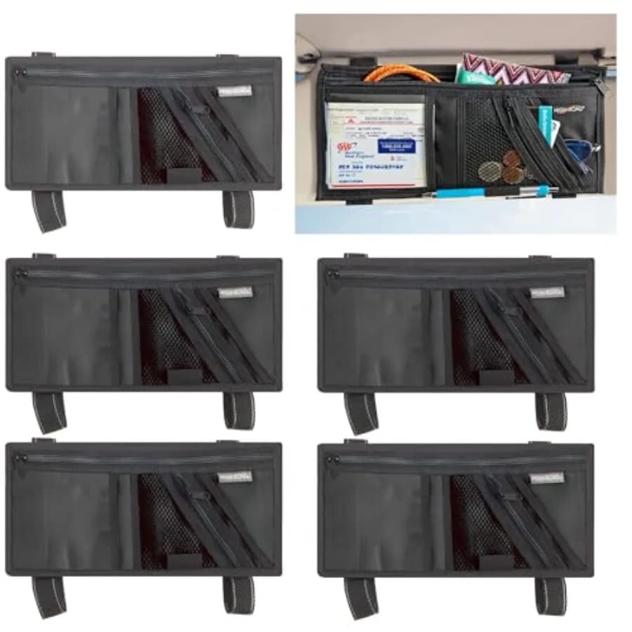 Organizer per Visiera Auto con Tasche con Cerniera Sicure, Porta Occhiali da Sole e Tasca Trasparente per Documenti e Assicurazione - Cinghie Robuste F