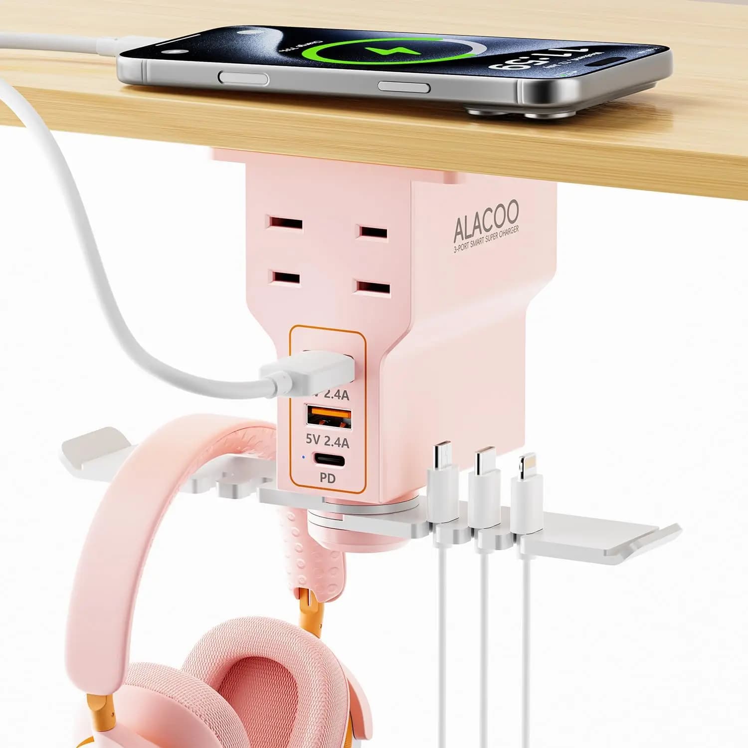 Supporto per Cuffie da Scrivania con Stazione di Ricarica - 3 Porte USB, Prese AC, Organizzatore Cavi per Gaming e Ufficio
