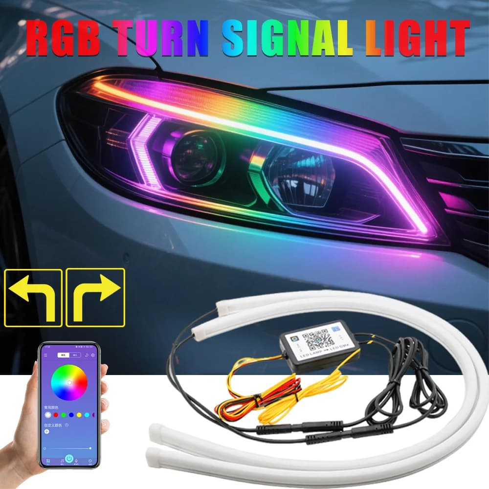2PCS RGB Led Faro Striscia Scan Start Neon flessibile DRL Luci di marcia diurna con indicatore di direzione sequenziale Controllo APP