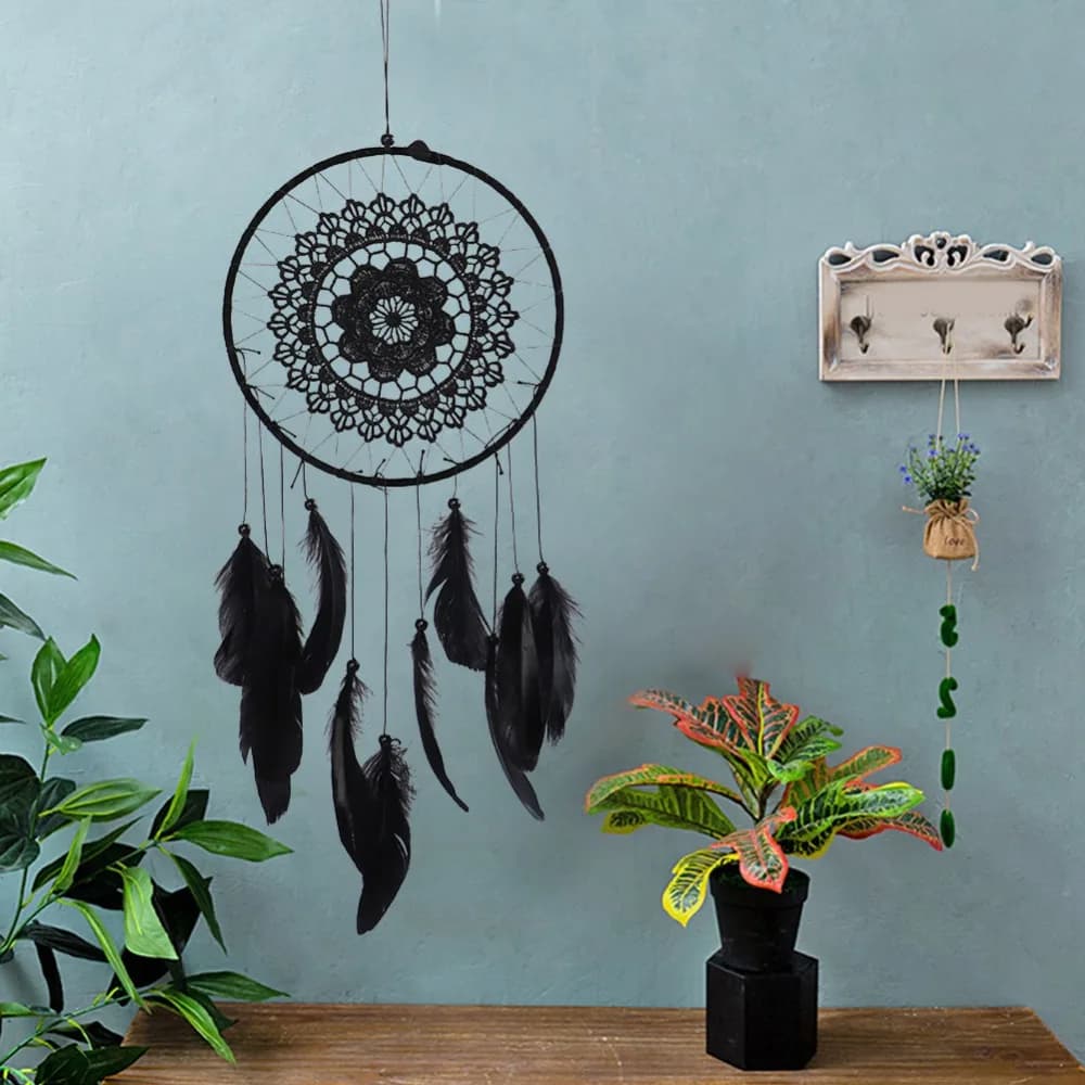 Boho Style black Dreamcatcher plume Lace Dreamcatcher Wall Hanging Blossom Design Woven Decor Boho Wall Ornament Home Ornament
