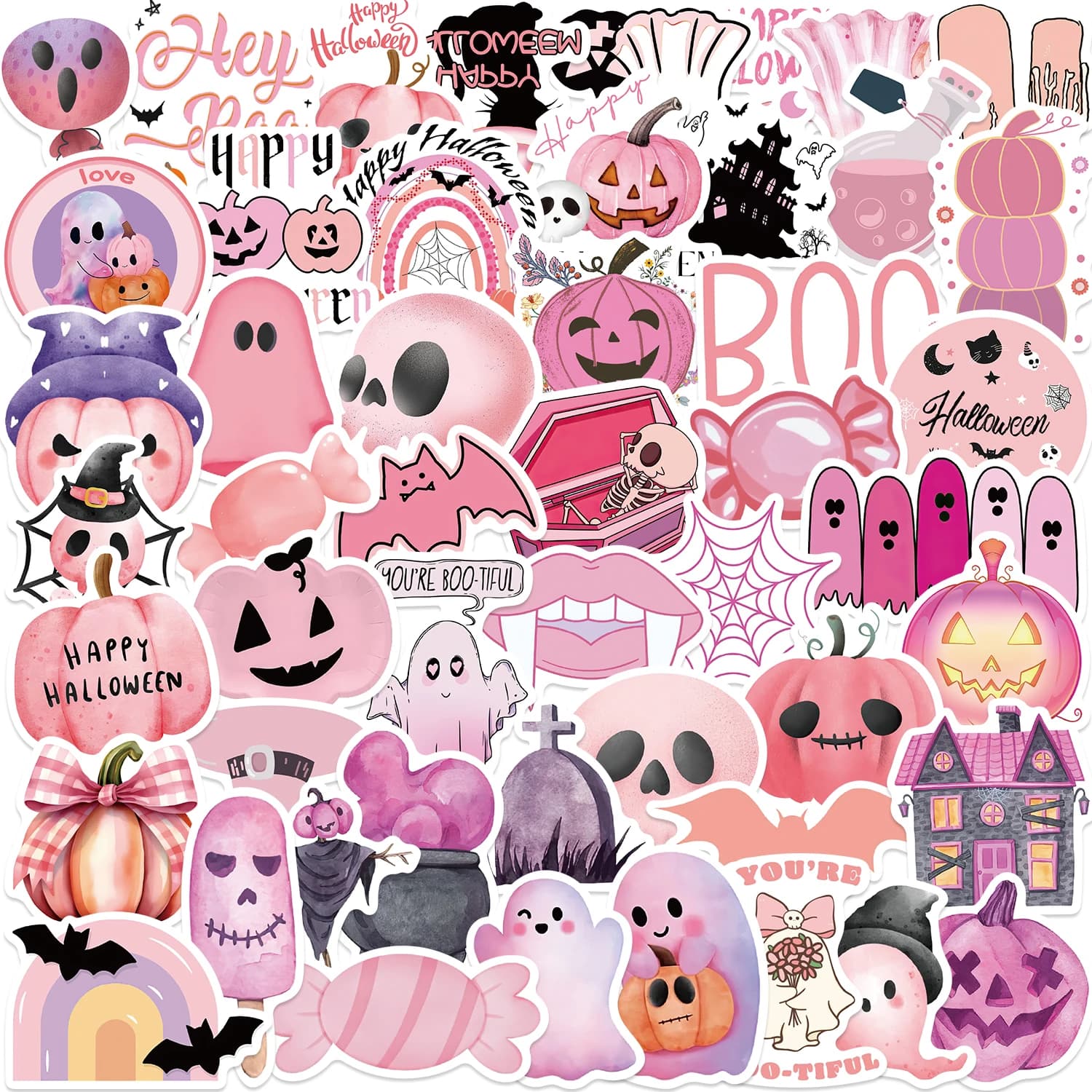 50 pezzi Kawaii rosa fantasma di Halloween teschio zucca adesivi notebook chitarra skateboard adesivo decorativo carino impermeabile giocattolo