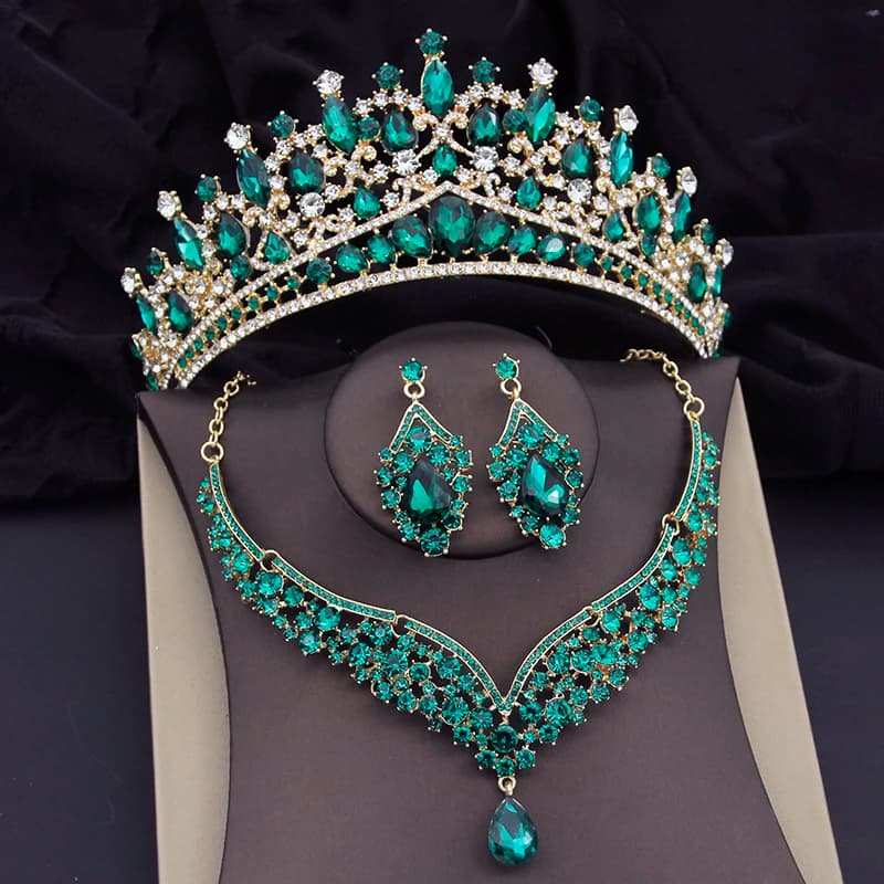 Green Crystal Crown Wedding Necklace Earring Sets Luxury Bridal Jewelry Sets for Women Prom Tiaras Bride Dubai Jewelry Sets