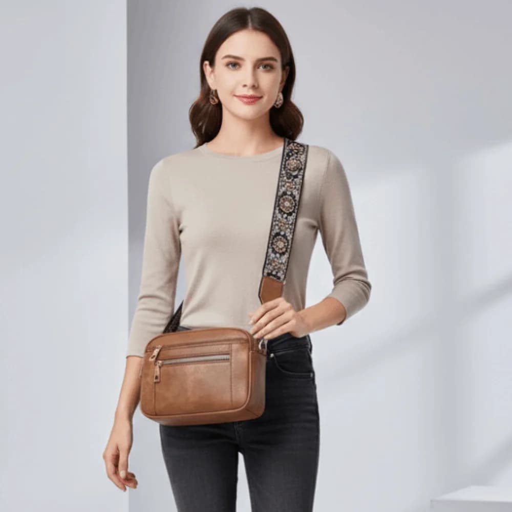 Vegan PU Leather Color Block Handbag Anti-splash Water Triple Compartment Embroidered Shoulder Pack Floral Embroidery Fabric