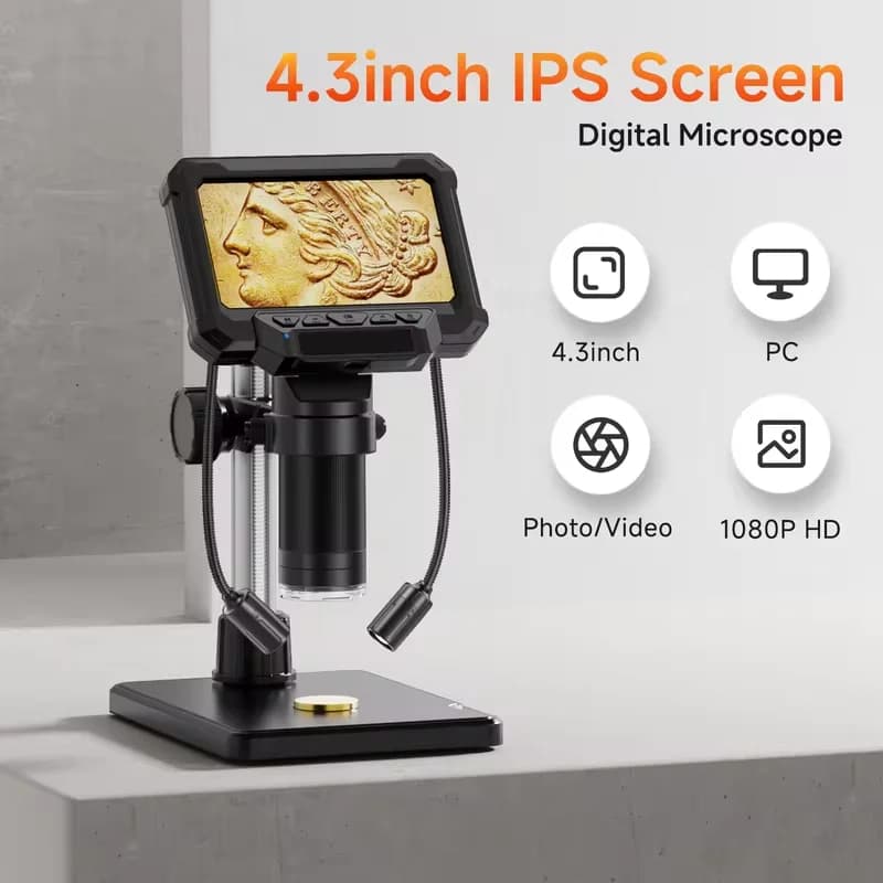 TOP4.3inch Microscope Digital Coin Microscope 1600X Coin Magnifier with Lights HD Microscope for PCB Repair Plants PC View