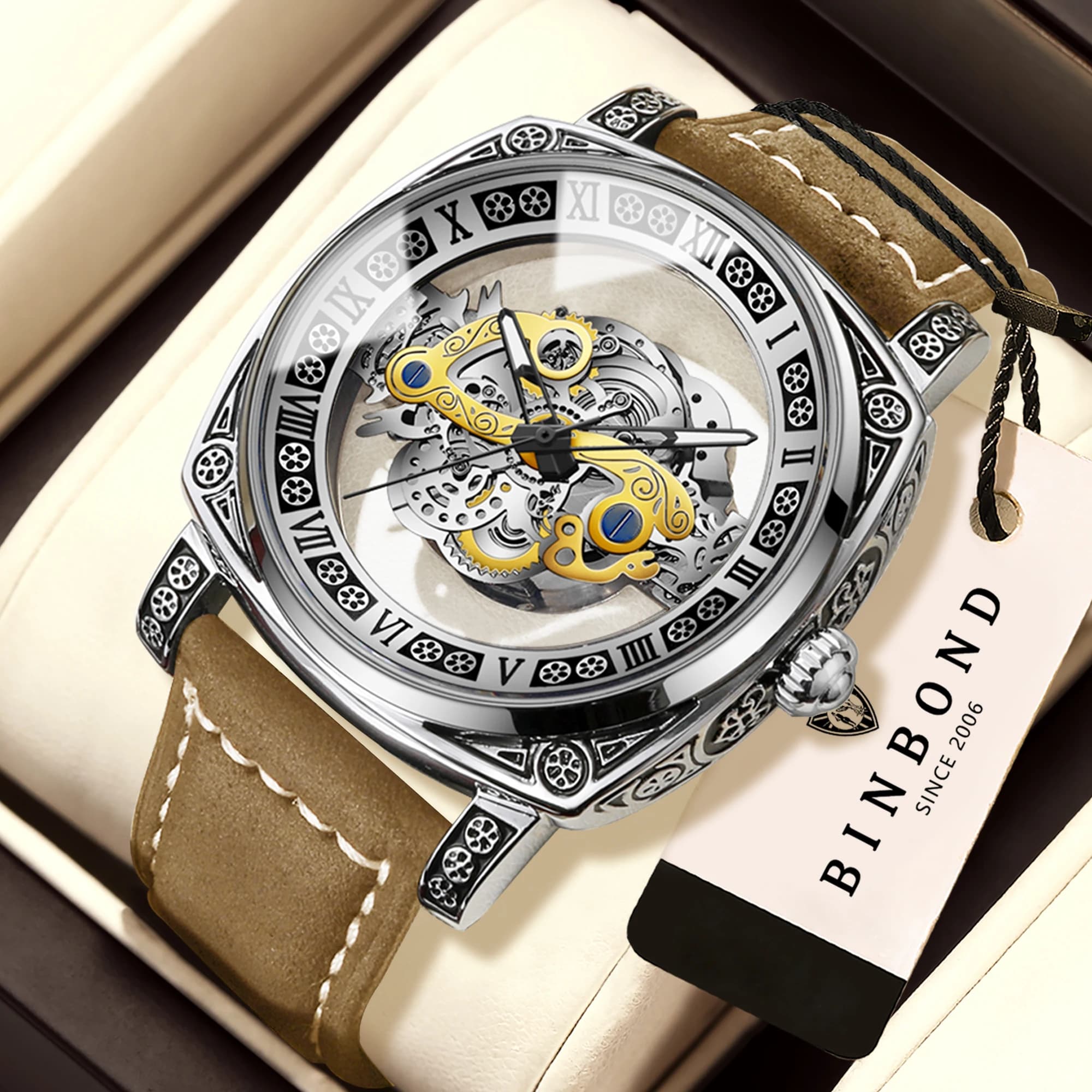 BINBOND Vintage Hollow-out Quartz Watches For Men Luxury Luminous Waterproof Accurate Men's Watch Durable Leather Reloj
