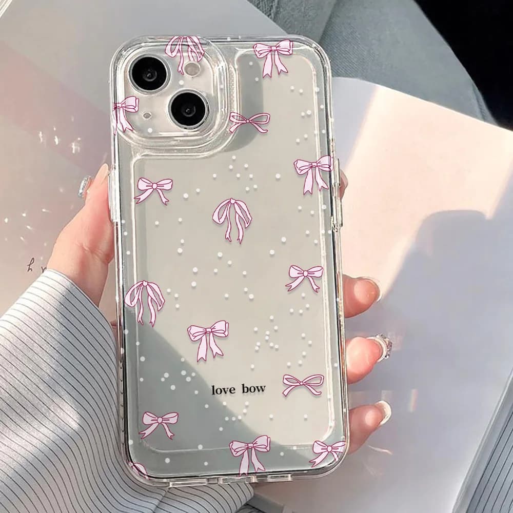 Phone case with pink bow for iPhone 17 16 Pro Max Case for iPhone 11 13 14 12 15 Pro Max 17 Air 17pro Max Cover Transparent back bumper Funda