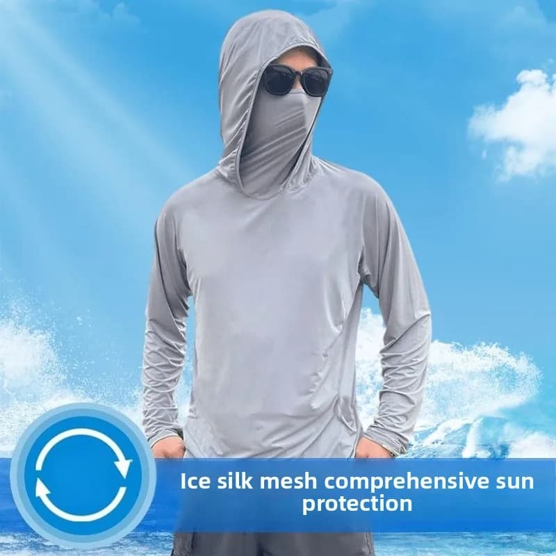 Abbigliamento estivo da uomo con protezione solare con cappuccio maniche lunghe Tessuto Coolchill in seta di ghiaccio ultrasottile Pullover in rete da pesca per ciclismo all'aperto