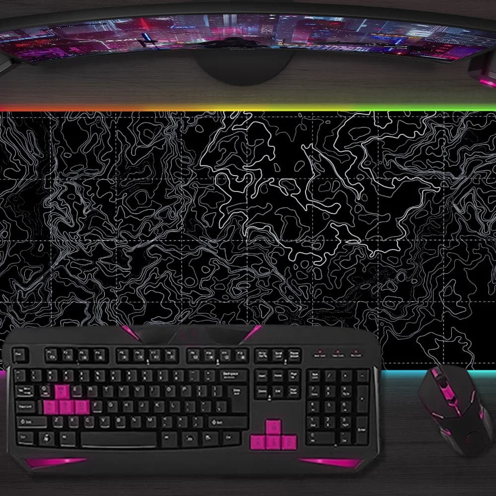 Tappetino per Mouse da Gaming con Mappa Topografica Nera, Retroilluminazione LED RGB, Micro USB, Tappetino da Scrivania XXL in Gomma