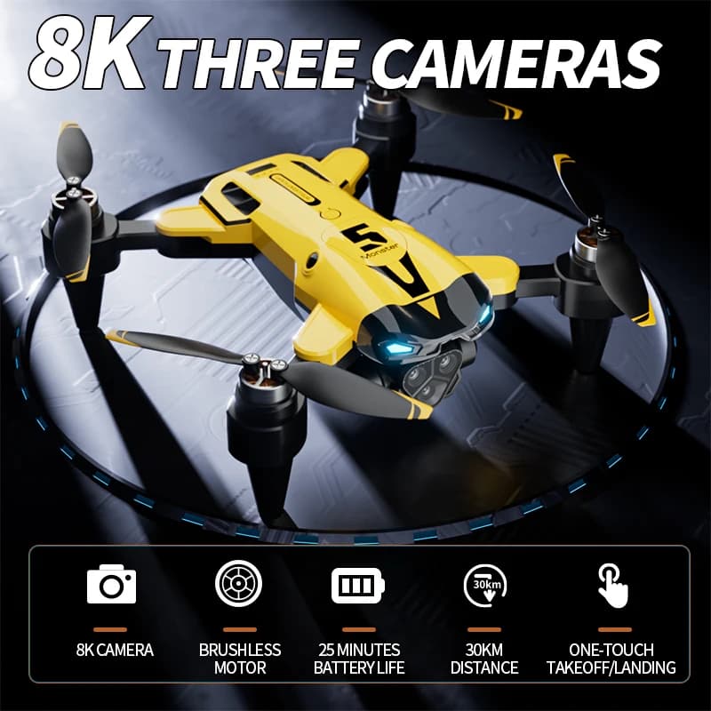 Brushless RC Drone 8K Triple Camera HDR Imaging 5G Image Transmission 7 Level Wind Resistance 25Mins Flight Time 30KM Flight Distance Folding Aerial Drone