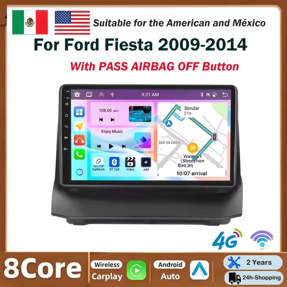 Autoradio screen for Ford Fiesta MK7 2009-2016 with PASS AIRBAG OFF button, Carplay style, Android Auto, stereo multimedia player