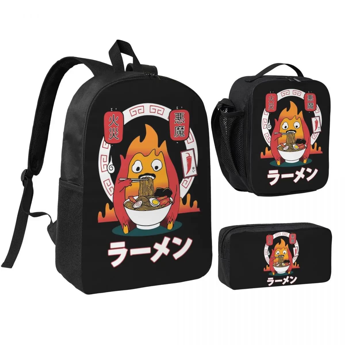 Zaino Spicy Calcifer Studio Ghibli per ragazzi e ragazze, borsa per libri, borsa da scuola, borse a tracolla, 3 pezzi, borsa termica per il pranzo, astuccio per matite