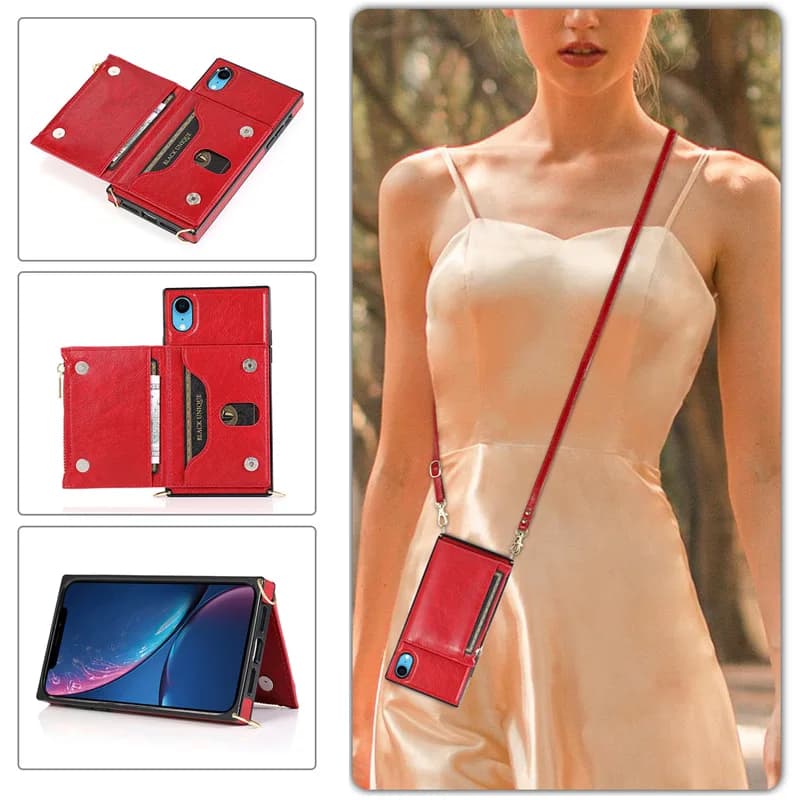 Applicable for iPhone 16 cross-body artificial leather case with multiple functions. Apple 13 zipper wallet-style XR phone case.